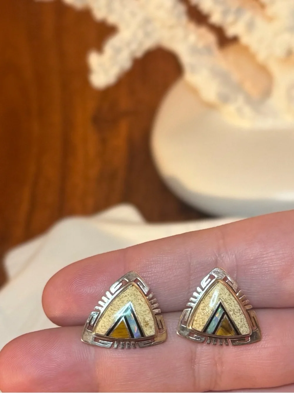 Native American Sterling VTG Inlay Earrings - Picture 10 of 16